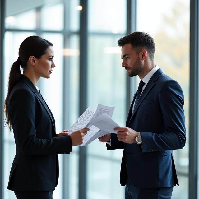 Business professionals reviewing financial data and legal documents in a high-end London office