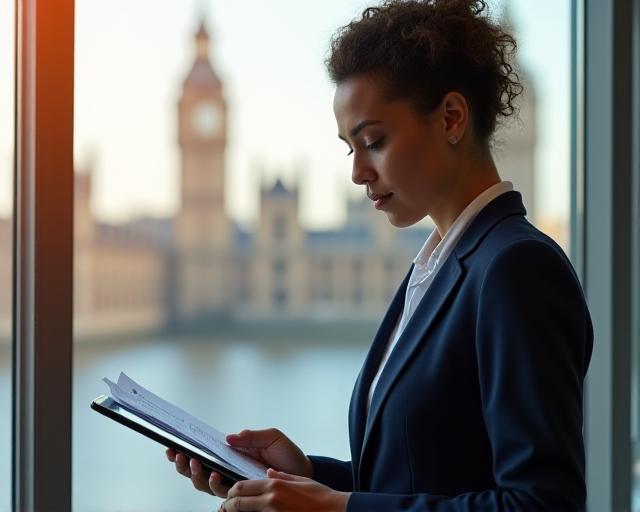 Professional legal consultant reviewing regulatory documents in a modern office